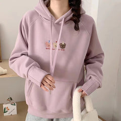 Sweet Cartoon Teddy Bear Embroidery Warm Hoodie