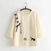 Kawaii Cat Embroidered 3/4 Sleeves Pullover T-shirt