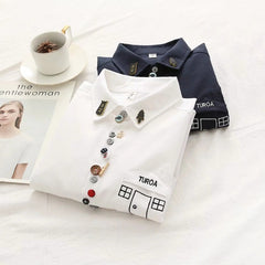 Artistic Cartoon House Decorative Button Lapel Long-sleeved Shirt