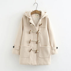 Plain Color Double Horn Button Loose Hooded Woolen Coat