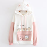 Japanese Style Women's Cat Eating Fish Printed Ears Hoodie