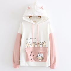 Japanese Style Women's Cat Eating Fish Printed Ears Hoodie