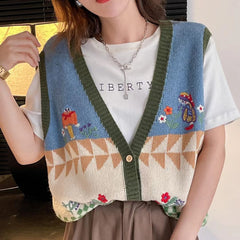 Women's V-neck Contrast Color Floral Embroidery Cardigan Knitted Vest