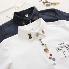 Artistic Cartoon House Decorative Button Lapel Long-sleeved Shirt