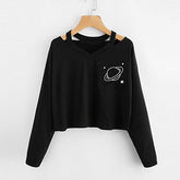 Chic Girls V Neck Hollow Planet Print Long-sleeved T-shirt