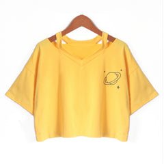 V-neck Hollowed Out Planet Printed Short Sleeve T-shirt