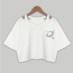 V-neck Hollowed Out Planet Printed Short Sleeve T-shirt