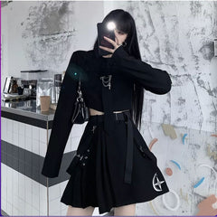 Punk Style Dark Girls Cropped Shirt with Short Skirt Two Piece Set