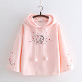 Japanese Style Rabbit Embroidery Bell Sleeve Fleece Hoodie