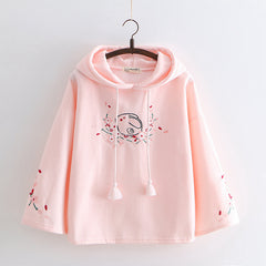 Japanese Style Rabbit Embroidery Bell Sleeve Fleece Hoodie