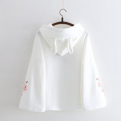 Japanese Style Rabbit Embroidery Bell Sleeve Fleece Hoodie