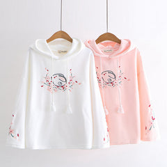 Japanese Style Rabbit Embroidery Bell Sleeve Fleece Hoodie