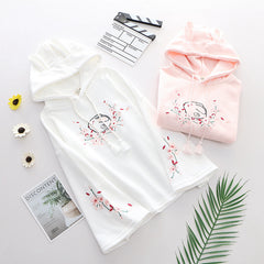 Japanese Style Rabbit Embroidery Bell Sleeve Fleece Hoodie