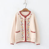 Stylish Floral Embroidered Round Neck Button Cardigan