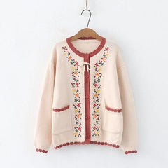 Stylish Floral Embroidered Round Neck Button Cardigan