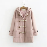 Plain Color Double Horn Button Loose Hooded Woolen Coat