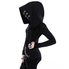 Chic Gothic Loose Iron Ring Zipper Black Hoodie