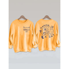 KARMA IS A CAT Print Round Neck Sweatshirt