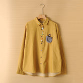 Versatile Girls Pocket Bear Embroidery Long Sleeve Shirt