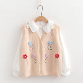Women's Flower Knitted Vest with Shirt Two Piece Set