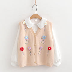 Women's Flower Knitted Vest with Shirt Two Piece Set
