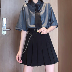 Dark High Waisted Punk Style Chain Half Pleated A-line Skirt