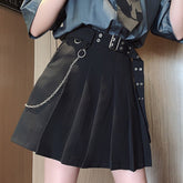 Dark High Waisted Punk Style Chain Half Pleated A-line Skirt