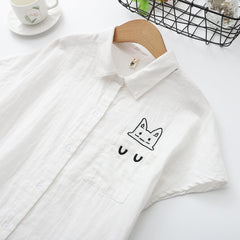 Japanese Style Fresh Women's Cat Embroidered Shirt