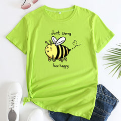 Women's Cartoon Bee Happy Print Large Size Tee