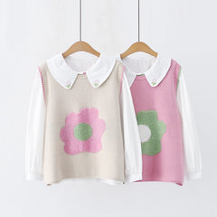 Cute Girls Round Neck Jacquard Flower Pullover Vest