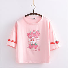 Cute Sweet Cartoon Rabbit Strawberry Print Summer T-Shirt