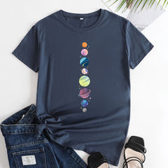 Women's Planet Print Cotton Round Neck T-shirt