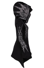 Stylish Punk Style Black Long Hooded Graphic Zipper Coat