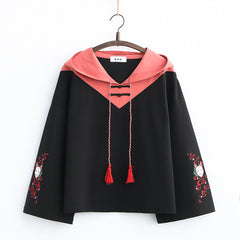 Cute Girls Fox Embroidered Loose Hoodie