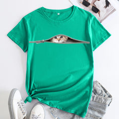 Women's Cat Print Round Neck Short Sleeved T-shirt