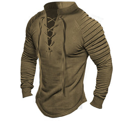 Men's Retro Lace-up Pullover Pleated Sleeve Solid Color Shirt