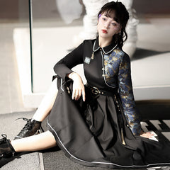 Vintage Lapel Floral Embroidery Button Splice Irregular Dress With Belt