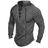 Men's Retro Lace-up Pullover Pleated Sleeve Solid Color Shirt