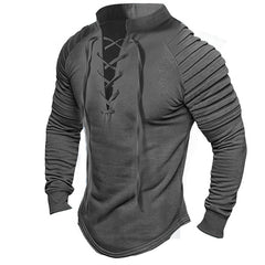 Men's Retro Lace-up Pullover Pleated Sleeve Solid Color Shirt