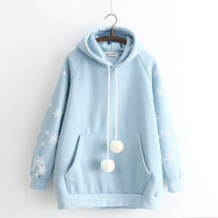 Japanese Style Snowflake Print Drawstring Warm Hoodie
