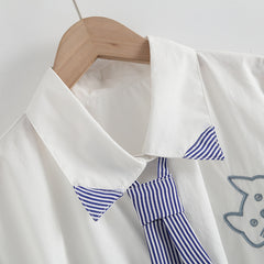 Kawaii Polo Tie Cat Embroidered Short Sleeve White Shirt