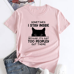 Cute Women's Letter Cat Print Cotton Round Neck T-shirt