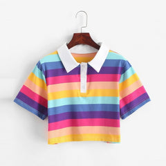 Women's Rainbow Striped Short Sleeved Polo Neck T-shirt