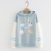 Kawaii Women's Cartoon Planet Animals Color Block Hoodie