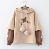 Trendy Fake Two Pieces Bear Embroidered Plush Hoodie