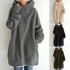 Stylish Women's Zip Up Long Velvet Hoodie