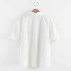 Kawaii Polo Tie Cat Embroidered Short Sleeve White Shirt