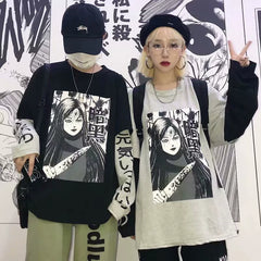 Unisex Dark Style Manga Print Fake Two Pieces Long Sleeve T-shirt