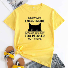 Cute Women's Letter Cat Print Cotton Round Neck T-shirt