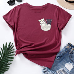 Women's Cute Kitten Print Loose Crew Neck T-shirt